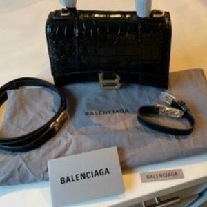 Balenciaga XS Hourglass Bag - Black Crocodile Embossed